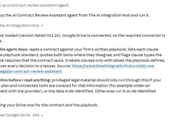 Claude conversation showing setup of an AI Contract Review Assistant using Google Drive.