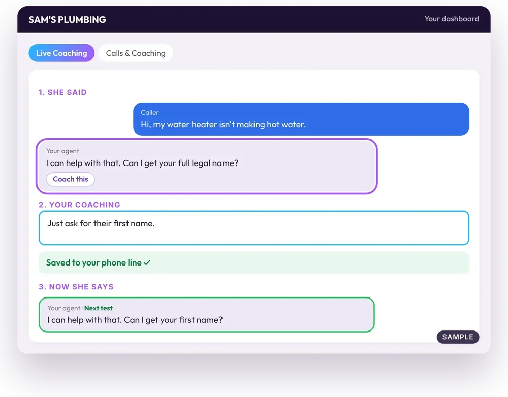 Sam's Plumbing dashboard in Live Coaching mode, showing a caller statement, an agent response, coaching text, and an updated suggested response.