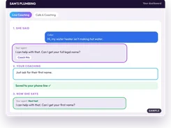 Sam's Plumbing dashboard in Live Coaching mode, showing a caller statement, an agent response, coaching text, and an updated suggested response.
