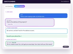 Sam's Plumbing Calls & Coaching dashboard showing coaching on how to respond to a caller reporting a kitchen-sink leak.