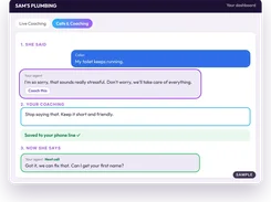 Sam's Plumbing Calls & Coaching dashboard showing coaching to shorten an agent response to a caller whose toilet keeps running.