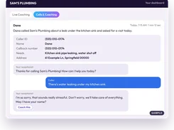 Sam's Plumbing Calls & Coaching dashboard showing a sample caller record, call summary, caller details, and a receptionist conversation.