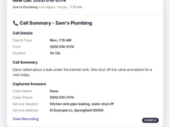 Sample email-style call summary for Sam's Plumbing showing a caller phone number, call duration, leak request, captured answers, and a recording link.