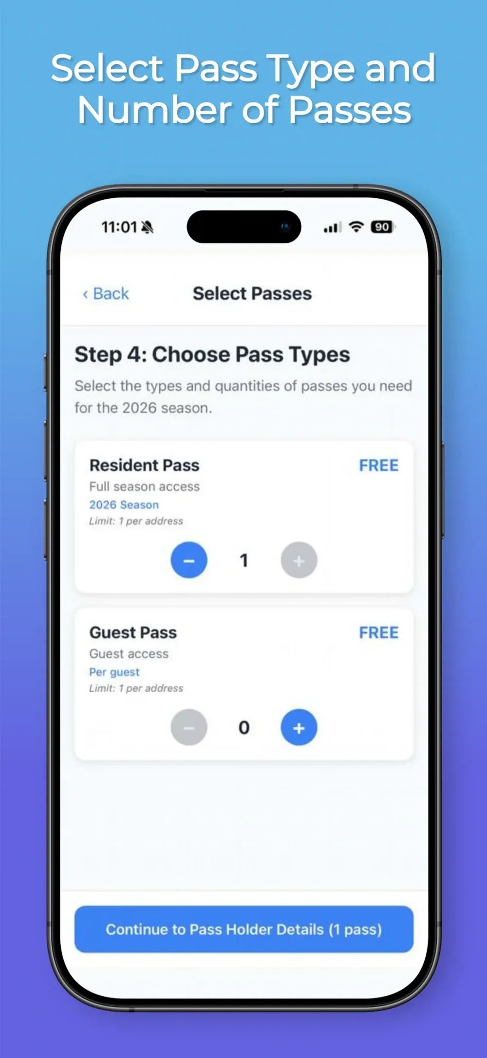 Mobile app screen for selecting resident and guest pass quantities, shown in a phone frame beneath the heading “Select Pass Type and Number of Passes.”