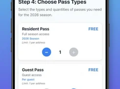 Mobile app screen for selecting resident and guest pass quantities, shown in a phone frame beneath the heading “Select Pass Type and Number of Passes.”