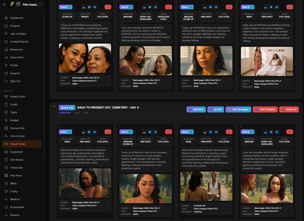 Film production visual-composition workspace with scene shot cards, descriptions, and storyboard images.
