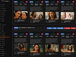 Film production visual-composition workspace with scene shot cards, descriptions, and storyboard images.