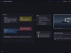 Idea board workspace with connected story notes, research cards, and a lighthouse reference image.