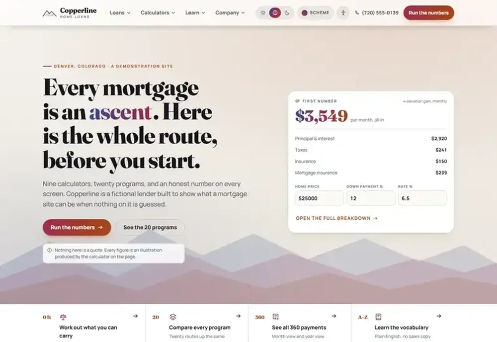 Copperline Home Loans homepage with introductory mortgage text, a monthly-payment breakdown, input fields, calls to action, and feature links.