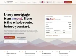 Copperline Home Loans homepage with introductory mortgage text, a monthly-payment breakdown, input fields, calls to action, and feature links.