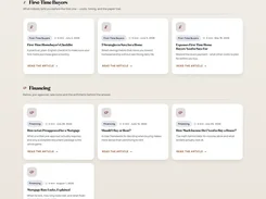 Full-length Copperline learning-center page with article cards grouped under Buying Basics, First-Time Buyers, and Financing.