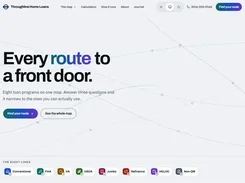 Throughline Home Loans homepage with route-themed background lines, introductory text, action buttons, and eight color-coded loan-program labels.