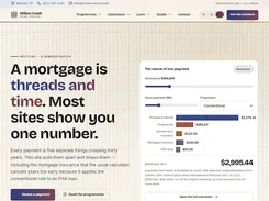 Willow Creek Home Finance homepage with mortgage copy and an interactive-looking payment panel containing sliders, a program selector, cost bars, and a total payment.