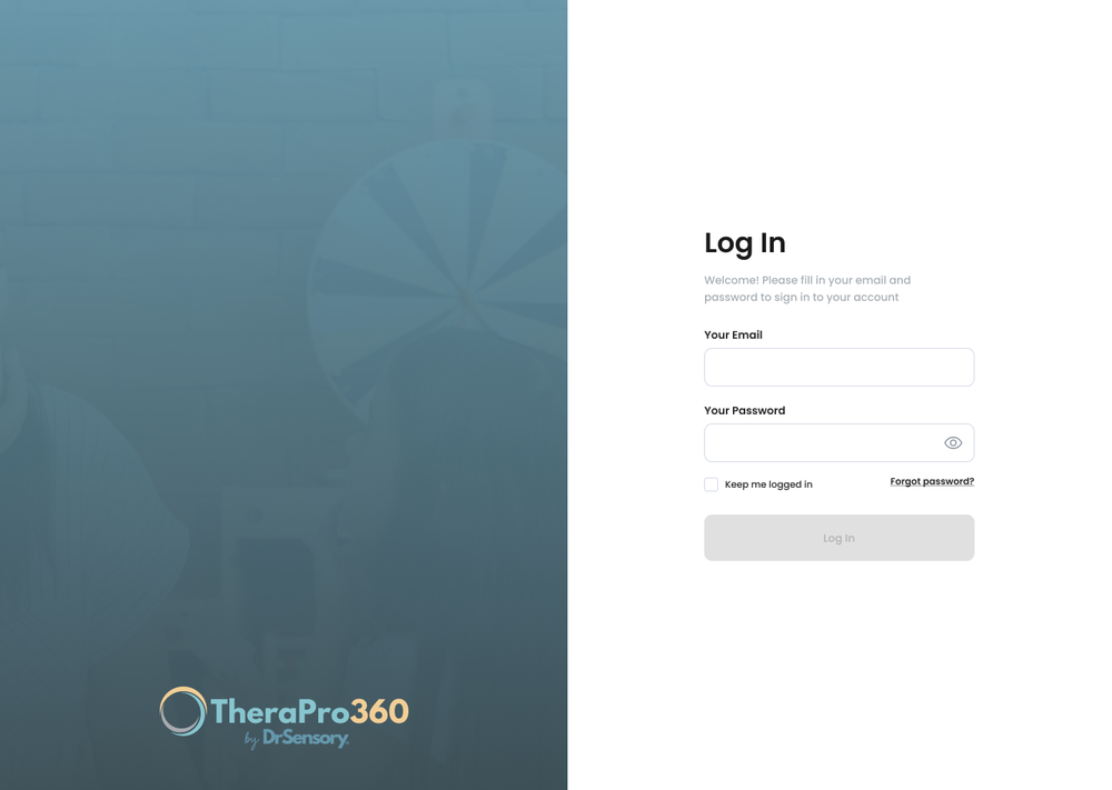 TheraPro360 login page with email and password fields beside a blue-tinted background photograph and product logo.