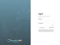 TheraPro360 login page with email and password fields beside a blue-tinted background photograph and product logo.