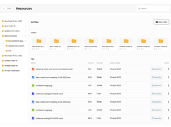 Resources file-management interface with a folder tree, folder cards, document list, file formats, sizes, creation dates, and Send File actions.