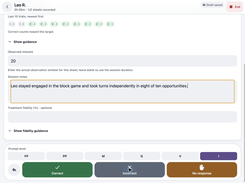 Trial-by-trial ABA data collection with prompt levels, using fictional demo data