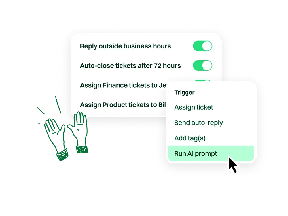 Automation settings with enabled rules and a trigger menu listing Assign ticket, Send auto-reply, Add tag(s), and Run AI prompt.