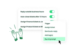 Automation settings with enabled rules and a trigger menu listing Assign ticket, Send auto-reply, Add tag(s), and Run AI prompt.