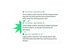 Stylized support inbox showing three customer messages with names, dates, channel icons, and message text.