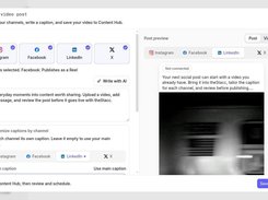 theStacc “Create video post” dialog with social channel selection, caption editor, and post preview for Instagram, Facebook, LinkedIn, and X.