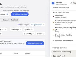 theStacc Content Hub page with a right-side assistant panel listing failed, waiting, unpublished, and missed posts.