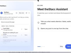 theStacc Assistant onboarding dialog explaining that it monitors content and opens attention items from chat.