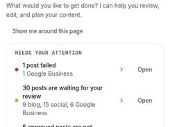 theStacc Assistant chat panel listing a failed post, posts awaiting review, and approved posts not yet published.