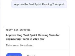 theStacc Assistant chat showing a confirmation card to approve a blog post, with Approve and Cancel buttons.