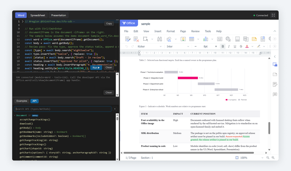 Object-level API calls applied to a live Office document.