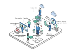 Labeled isometric talent-management diagram showing succession planning, competency-based evaluation, critical roles, reduced attrition, and thriving workplaces.