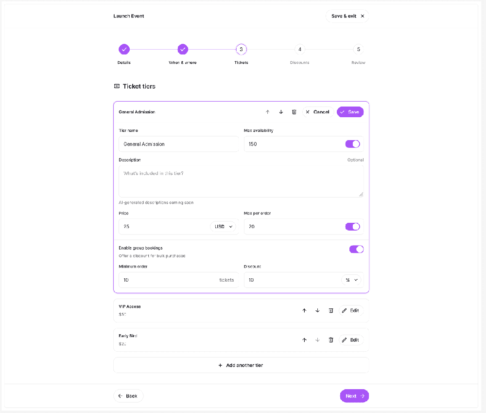Tickify event-launch workflow for configuring ticket tiers, pricing, availability, and group-booking discounts.