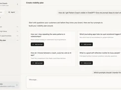 Tideflow workspace agent screen for Pattern Coach showing a chat-generated visibility plan with four suggested prompts and Add prompt buttons.