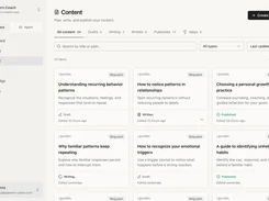 Content management page with filters and cards for blog posts, including draft, writing, written, and published statuses.