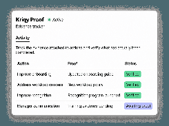 A Kriqy Proof evidence tracker panel lists actions, proof items, and verification statuses.