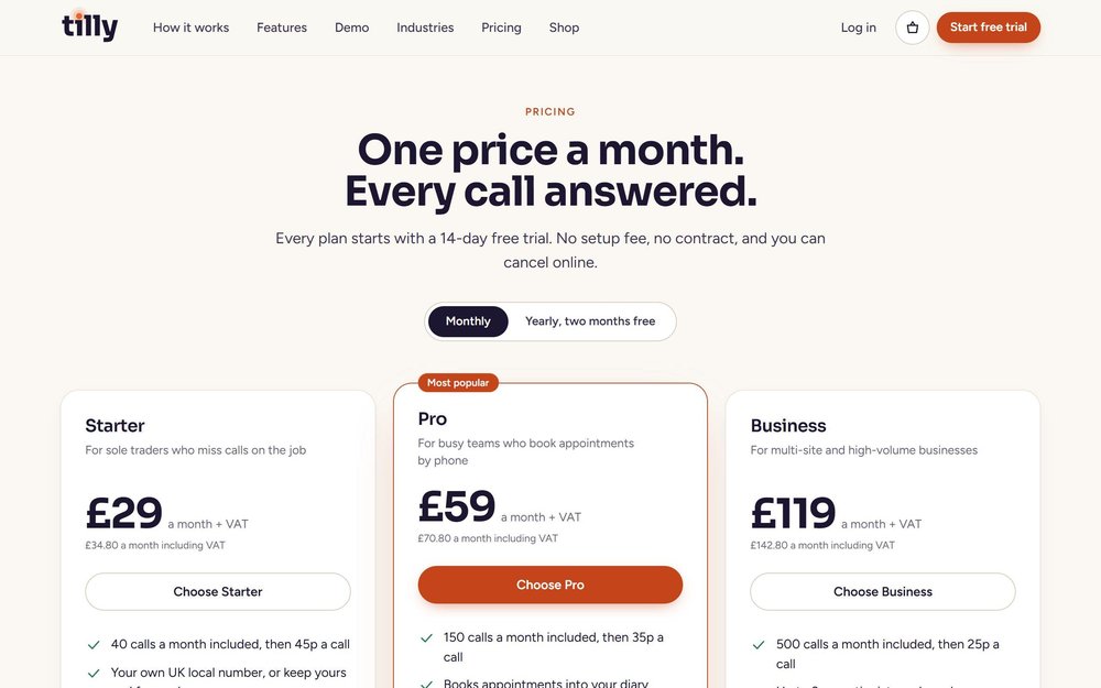 Desktop Tilly pricing page with navigation, a monthly/yearly billing toggle, and Starter, Pro, and Business plan cards priced at £29, £59, and £119 per month plus VAT.