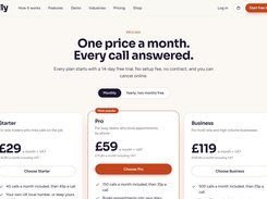 Desktop Tilly pricing page with navigation, a monthly/yearly billing toggle, and Starter, Pro, and Business plan cards priced at £29, £59, and £119 per month plus VAT.