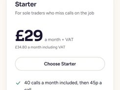 Mobile view of the Tilly pricing page showing the Starter plan at £29 a month plus VAT, billing toggle, feature checklist, navigation menu, and free-trial button.