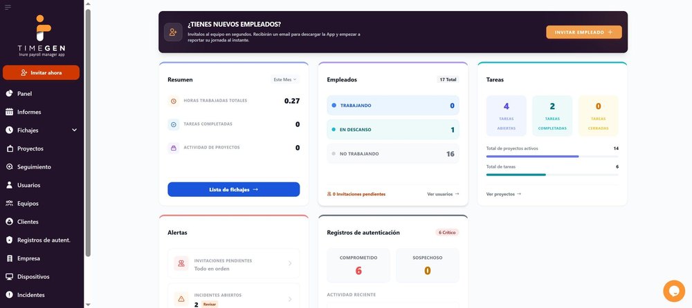 TimeGen web dashboard in Spanish showing summary metrics, employee work-status counts, task counts, alerts, and authentication records.