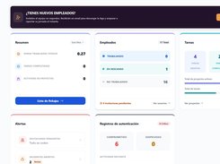 TimeGen web dashboard in Spanish showing summary metrics, employee work-status counts, task counts, alerts, and authentication records.