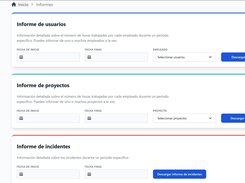 TimeGen reports page in Spanish with forms to download user, project, and incident reports by date and selection.