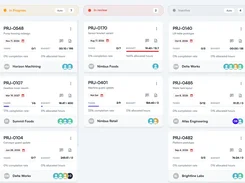 Project board with in-progress, review, and inactive project cards showing tasks, budgets, due dates, clients, and assigned members.