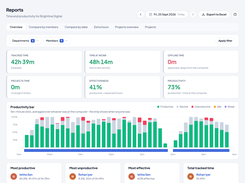 Reports: hours and productivity by person, team and project, with Excel export