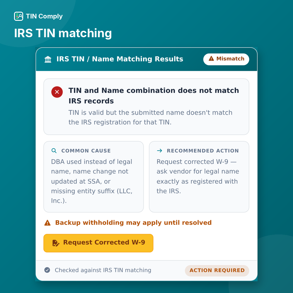 IRS TIN Matching: real-time name and TIN match against IRS records, with the reason for any mismatch
