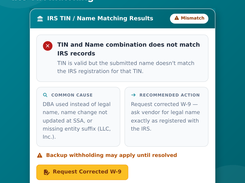 IRS TIN Matching: real-time name and TIN match against IRS records, with the reason for any mismatch
