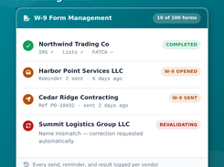 W-9 Management: guided vendor portal with e-signature, reminders and revalidation