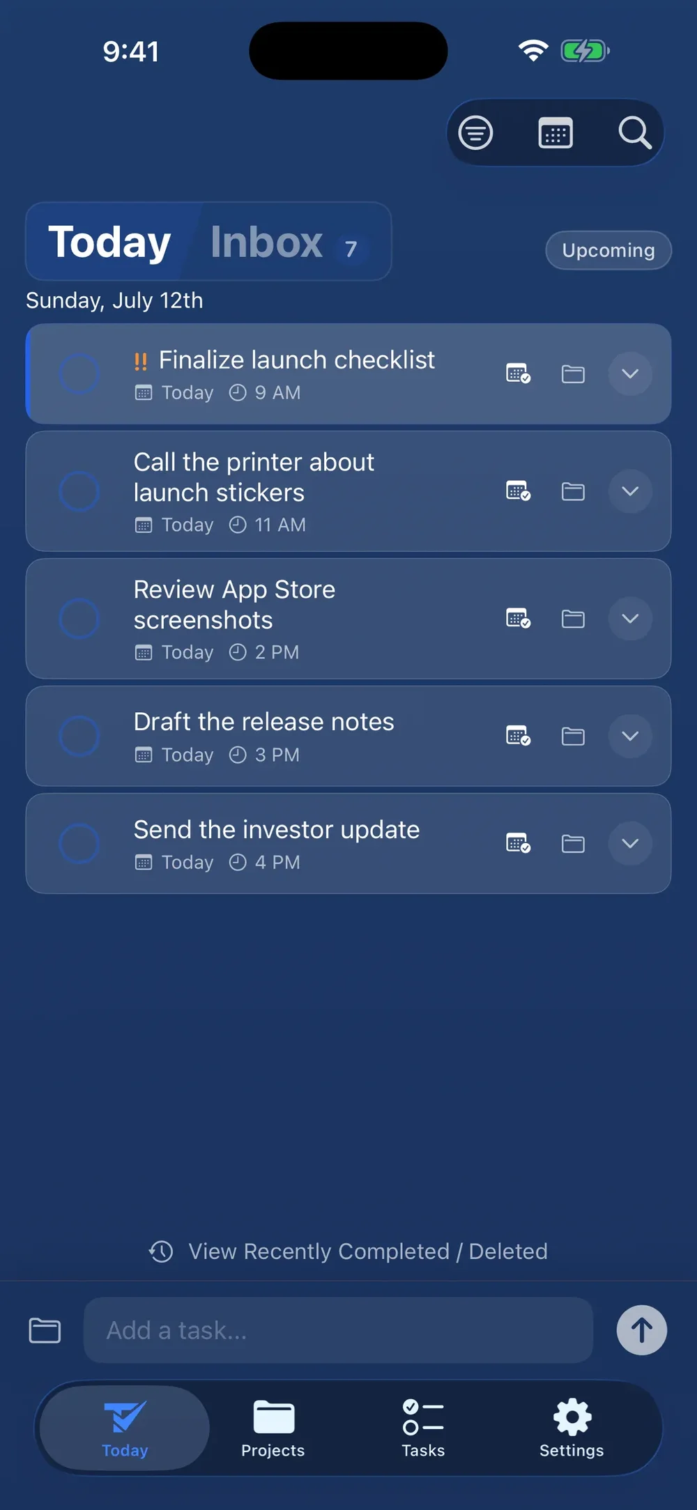 Todoing.ly mobile Today view with scheduled tasks and bottom navigation.