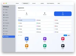 Todoing.ly desktop appearance settings with interface modes, themes, and app icons.