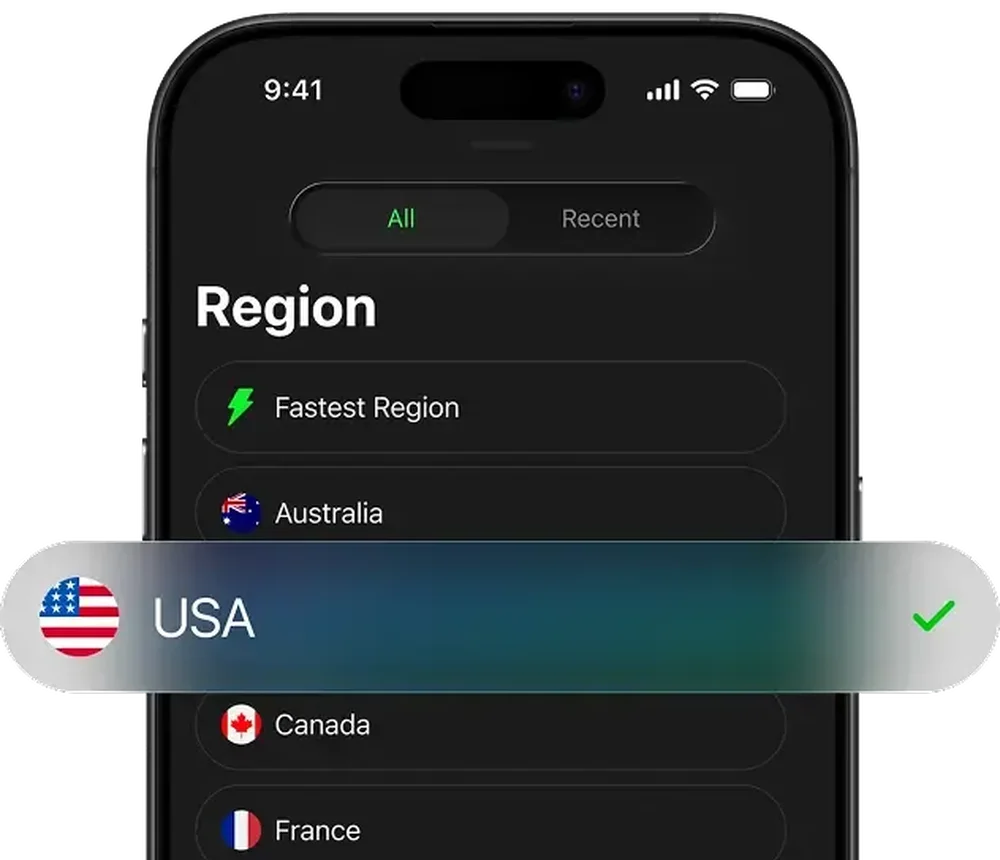Toggle VPN mobile interface in dark mode showing a Region list with Fastest Region, Australia, Canada, and France, overlaid by a selected USA row with a green checkmark.