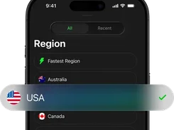Toggle VPN mobile interface in dark mode showing a Region list with Fastest Region, Australia, Canada, and France, overlaid by a selected USA row with a green checkmark.